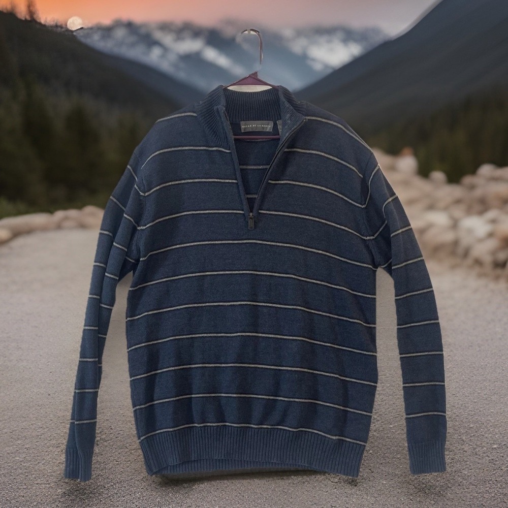 Oscar De La Renta Sweater‎ Mens XL Blue Stripe Half Zip Mock Neck Knit Pullover